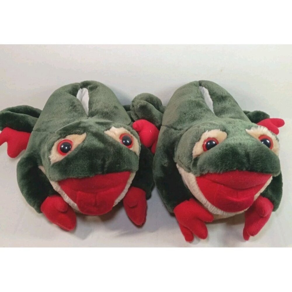 Vintage Rare Big Fluffy Green Frog Slippers Size Small 5-6